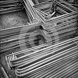 Stacks of steel reinforcing also called rebar or reo photo