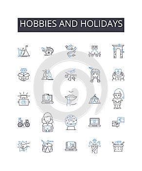 Hobbies and holidays line icons collection. Pastimes, Leisure activities, Pursuits, Interests, Diversions, Recreations photo