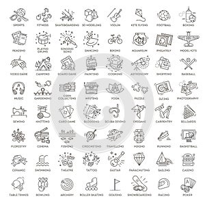 Hobbies and interest detailed line icons set