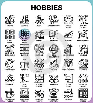 Hobbies and interest detailed line icons
