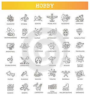 Hobbies and interest detailed line icons set in modern line icon style