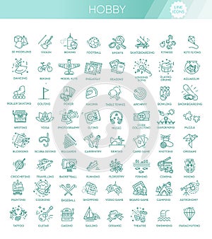 Hobbies and interest detailed line icons set in modern line icon style for ui, ux, web, app design