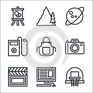 hobbies line icons. linear set. quality vector line set such as basketball, blogging, film, camera, apron, mp player, astronomy,