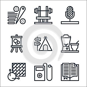 hobbies line icons. linear set. quality vector line set such as reading, mp player, knitting, juicer, camping, painting,