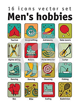 Hobbies men objects sport tourism coding color icons set