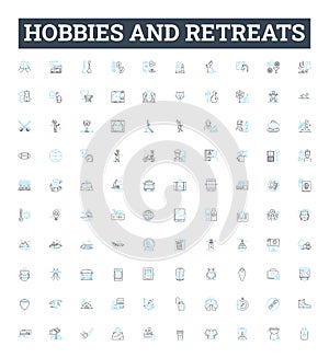 Hobbies and retreats vector line icons set. Retreats, Hobbies, Crafts, Outdoors, Music, Gardening, Photography