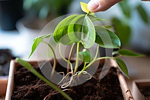 Hobbies in soil Domestic plant stalk with roots, potted soil