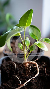 Hobbies in soil Domestic plant stalk with roots, potted soil