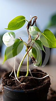 Hobbies in soil Domestic plant stalk with roots, potted soil