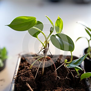 Hobbies in soil Domestic plant stalk with roots, potted soil