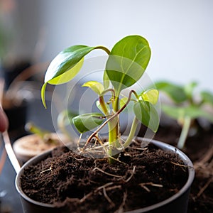 Hobbies in soil Domestic plant stalk with roots, potted soil