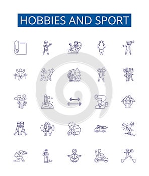 Záľuby a šport linka ikony známky sada. dizajn z šport záľuby turistika beh jóga plávanie jazda na bicykli 