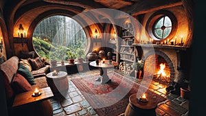A hobbit house in the forest. A cozy living room. fantasy world. background art, wallpaper. generative AI. photo