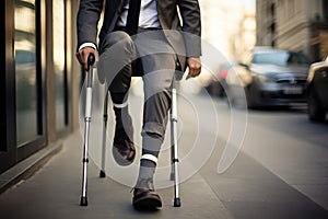 Hobbled Man injured leg using crutches. Generate Ai