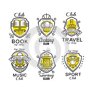 Hobby club logo design set, badges with heraldic shield, book, cooking, travel, sewing, music, sport club vector