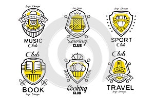 Hobby club logo design set, badges with heraldic shield, book, cooking, travel, sewing, music, sport club vector
