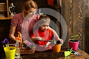 Hobby concept. Little child help woman planting flower in pot with soil, hobby. Indoor gardening as hobby. Enjoy family