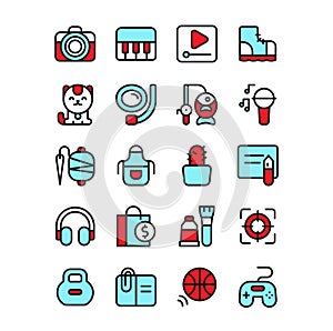 Hobby and Entertainment Icon Set Vector. Leisure weekend activity filled outline sign, flat line symbol