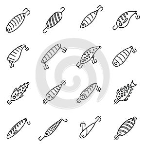 Hobby fish bait icons set, outline style