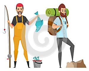 Hobby Fishing and Hiking, Male Leisure Vector