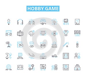 Hobby game linear icons set. Chess, Scrabble, Monopoly, Risk, Catan, Dungeons, Cards line vector and concept signs