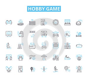 Hobby game linear icons set. Chess, Scrabble, Monopoly, Risk, Catan, Dungeons, Cards line vector and concept signs photo