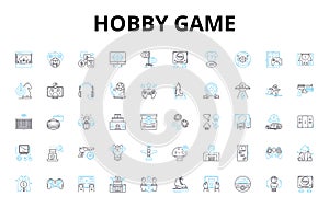 Hobby game linear icons set. Chess, Scrabble, Monopoly, Risk, Catan, Dungeons, Cards vector symbols and line concept