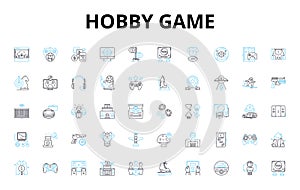 Hobby game linear icons set. Chess, Scrabble, Monopoly, Risk, Catan, Dungeons, Cards vector symbols and line concept photo