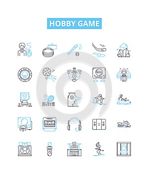 Hobby game vector line icons set. Gaming, Tabletop, Role-Playing, Fishing, Painting, Woodworking, Astronomy illustration