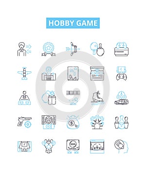 Hobby game vector line icons set. Gaming, Tabletop, Role-Playing, Fishing, Painting, Woodworking, Astronomy illustration