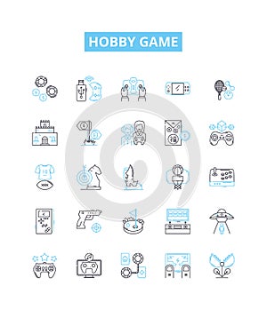 Hobby game vector line icons set. Gaming, Tabletop, Role-Playing, Fishing, Painting, Woodworking, Astronomy illustration