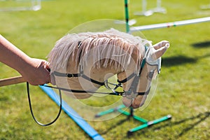 Hobby horsing competition on a green grass, hobby horse riders jumping, equestrian sport training with stick toy horses in a