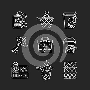 Hobby and leisure activities chalk white icons set on black background