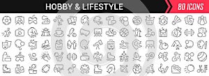 Hobby and lifestyle linear icons in black. Big UI icons collection in a flat design. Thin outline signs pack. Big set of icons for