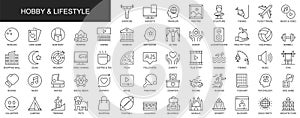 Hobby and lifestyle web icons set in thin line design. Pack of exercise, gadget, traveler, sculpture, museum, gym, social media,