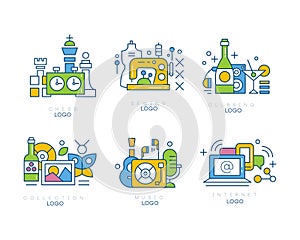 Hobby logo design set. Chess, sewing, clubbing, collection, music, internet labels and badges vector illustration