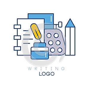 Hobby logo template with notebook, feather in inkwell, mechanical desktop typewriter and pencil. Linear emblem with