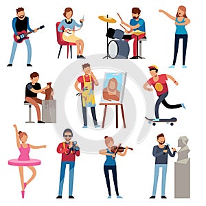 Hobby persons. People of creative professions at work. Artistic occupations, retro hobbies cartoon characters vector set photo