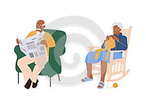Hobby of retired people characters set with elderly woman knitting and senior man reading newspaper