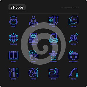 Hobby thin line icons set: reading, gaming, gardening, photography, cooking, sewing, fishing, hiking, yoga, music, travelling, bl