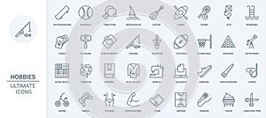 Hobby thin line icons set, weekend leisure and sport game symbols with music art, sport