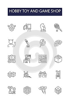 Hobby toy and game shop line vector icons and signs. Games, Hobby, Shop, Collectibles, Remote-Control, Puzzles, Action