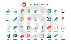 Hobby trendy flat icons set, outdoor and indoor leisure fun activity for weekend, arts