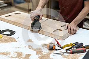 Hobby wood concept. Cropped close up photo of cabinetmaker handy