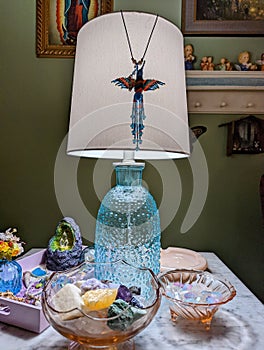 Hobnail Lamp With Crystals on Marble Table