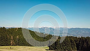 Hochanger - Golden alpine meadow of mount Hochanger in Bruck an der Mur, Lavanttal Alps, Styria, Austria. Idyllic forest