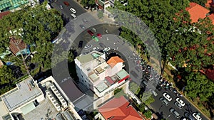 HOCHIMINH, VIETNAM - APRIL, 2020: Aerial panorama view of the crossroads in downtown of Hochiminh.