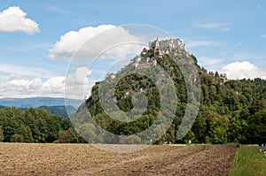 Hochosterwitz Castle on a high wooded hill in Carinthia, Austria. View of the main castle building, fortifications, protective wal