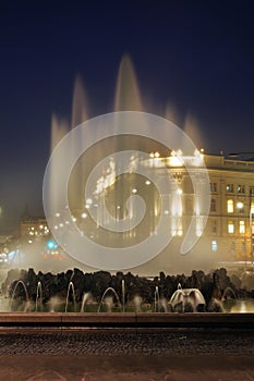 Hochstrahlbrunnen - high jet fountain on Schwarzenbergplatz square in Vienna. Austria