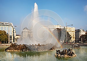 Hochstrahlbrunnen - high jet fountain on Schwarzenbergplatz square in Vienna. Austria